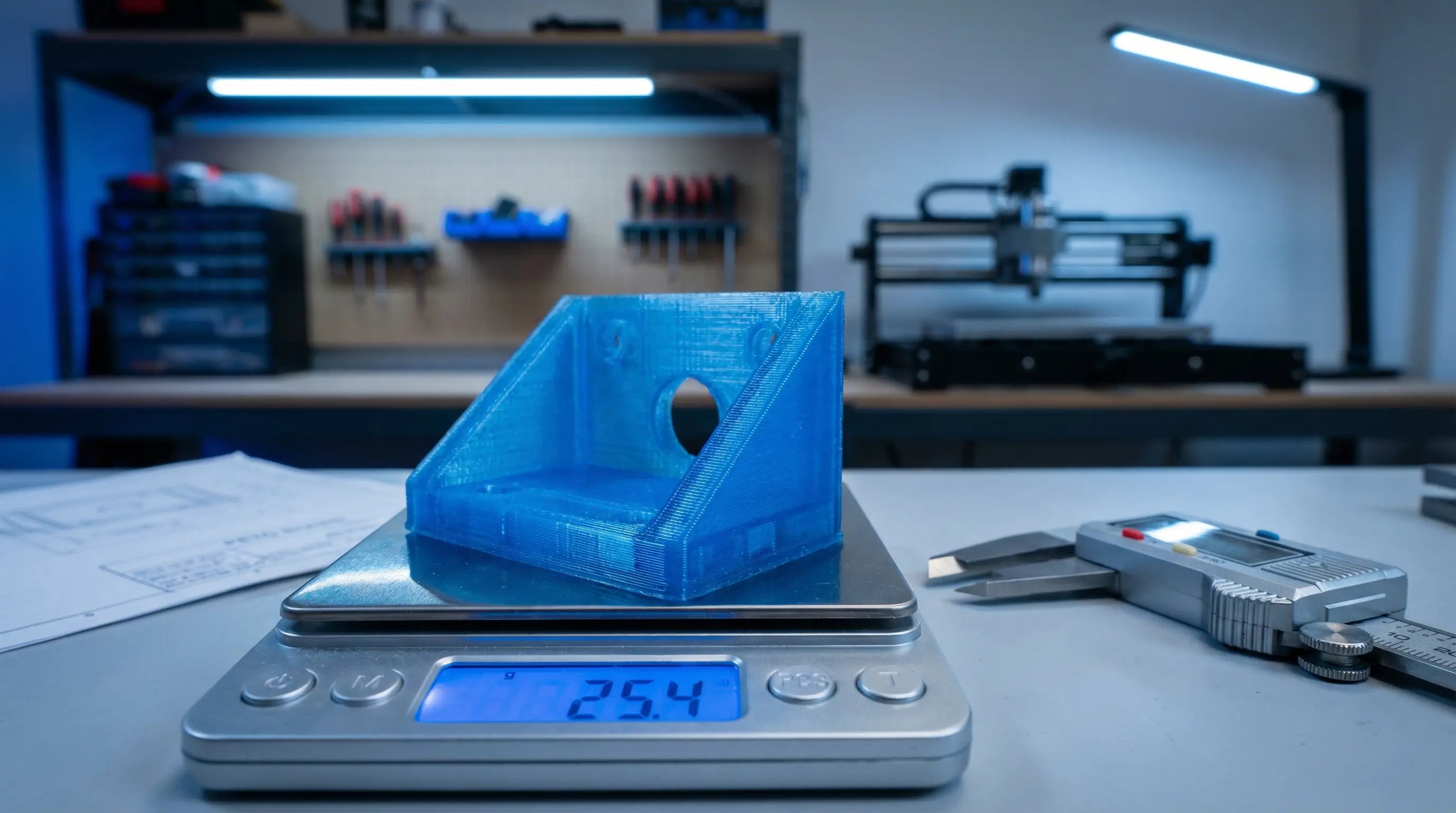 3D printet PETG beslag på vægt med skydelære og tilbud — prisberegning hos Maker Factory