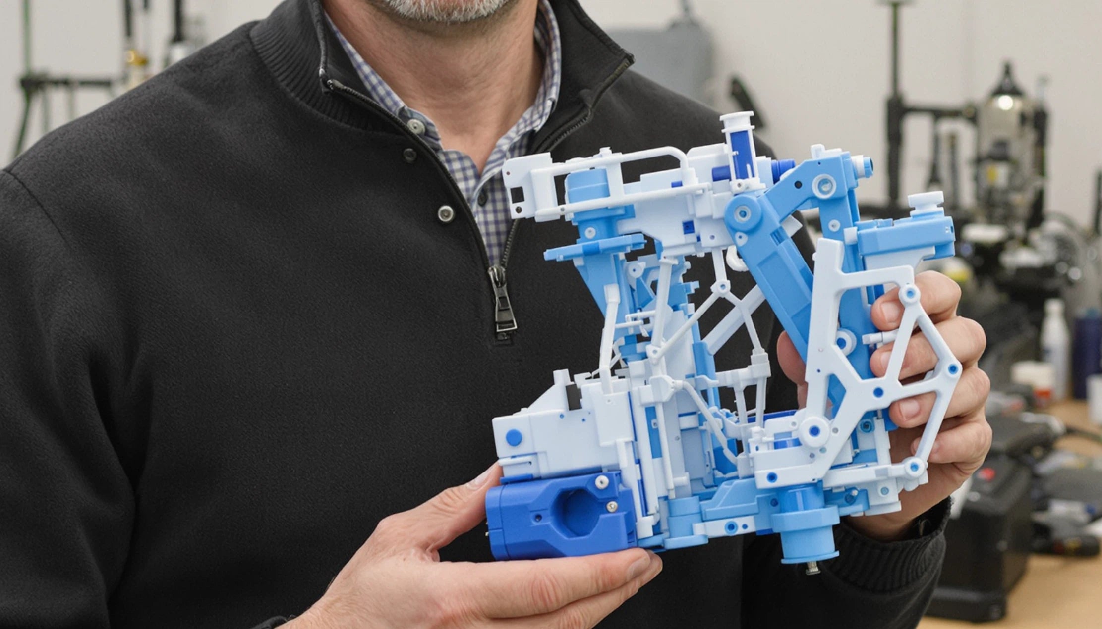 Mand fremviser et færdigsamlet 3D-printet objekt med præcis montering og detaljeret finish