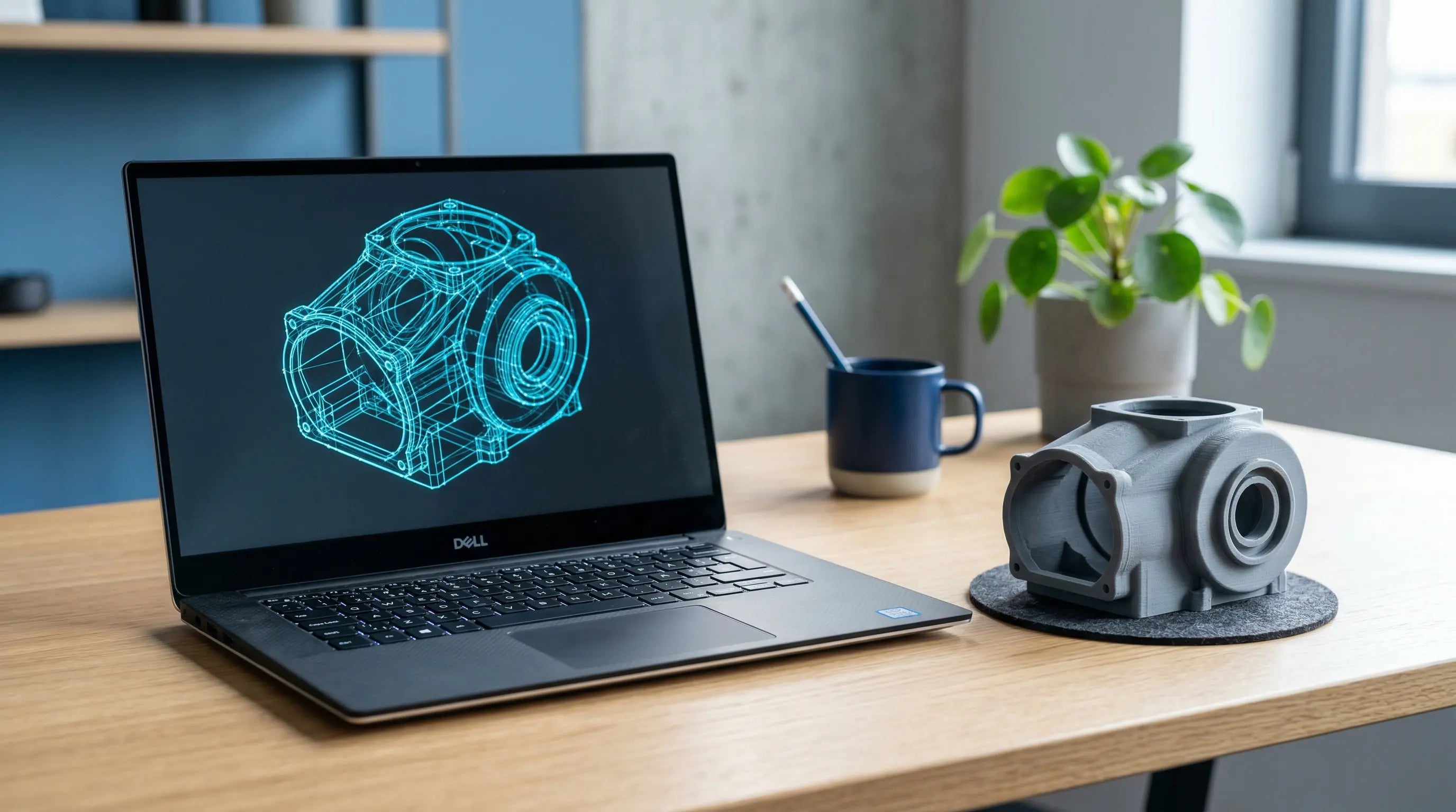 CAD-model på skærm ved siden af færdigt 3D-printet emne — Maker Factory 3D design service
