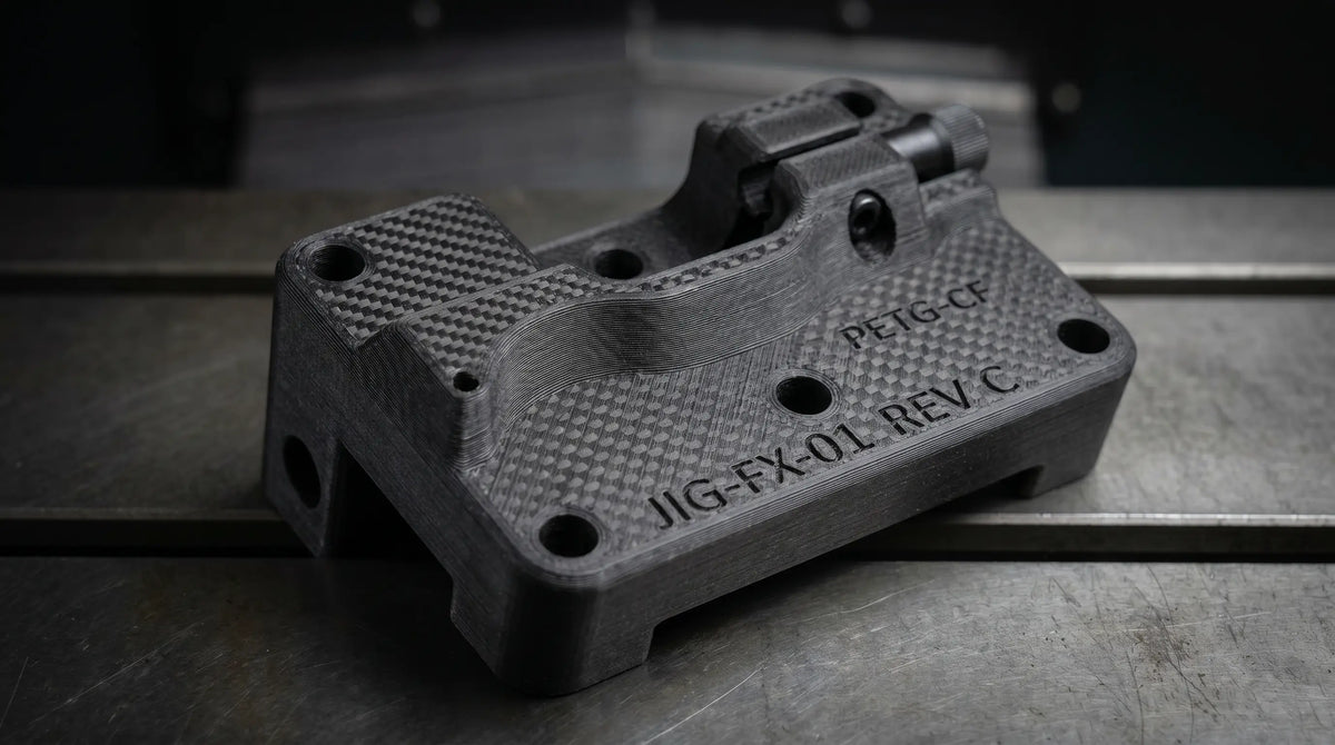 PETG-CF 3D print — kulfiberforstærket til jigs og fixtures