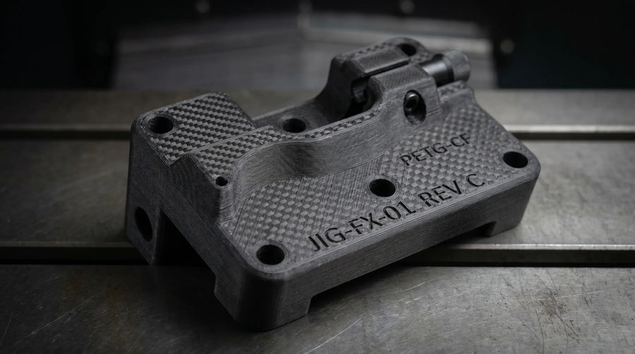 PETG-CF 3D print — kulfiberforstærket til jigs og fixtures