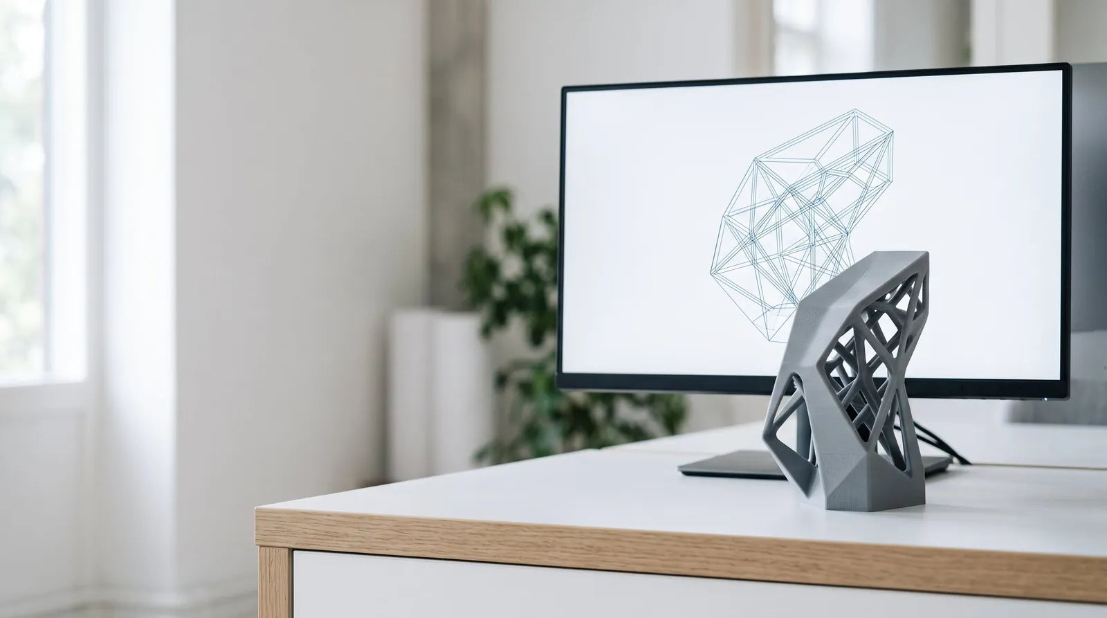 CAD-model på skærmen og det printede emne foran