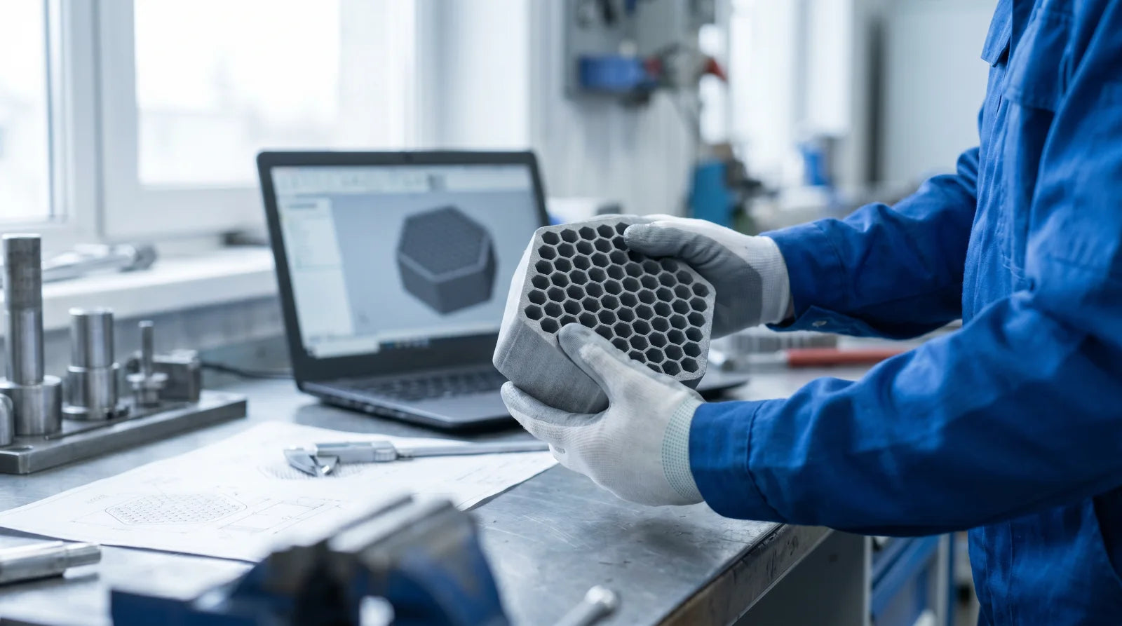 3D printet honeycomb-emne kvalitetstjekkes i hånden mod CAD-modellen på skærmen