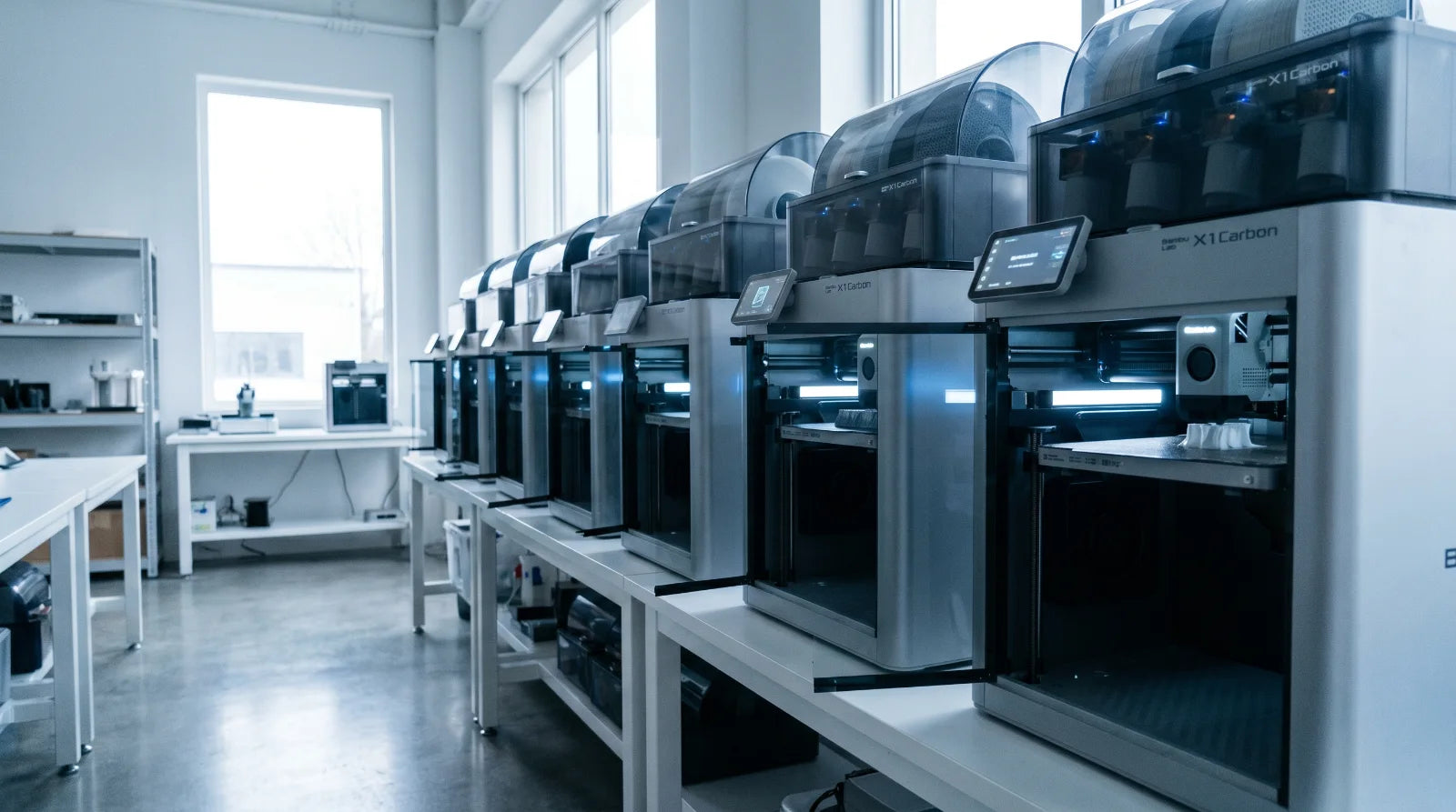 Række af 3D-printere i drift i værkstedet i Varde